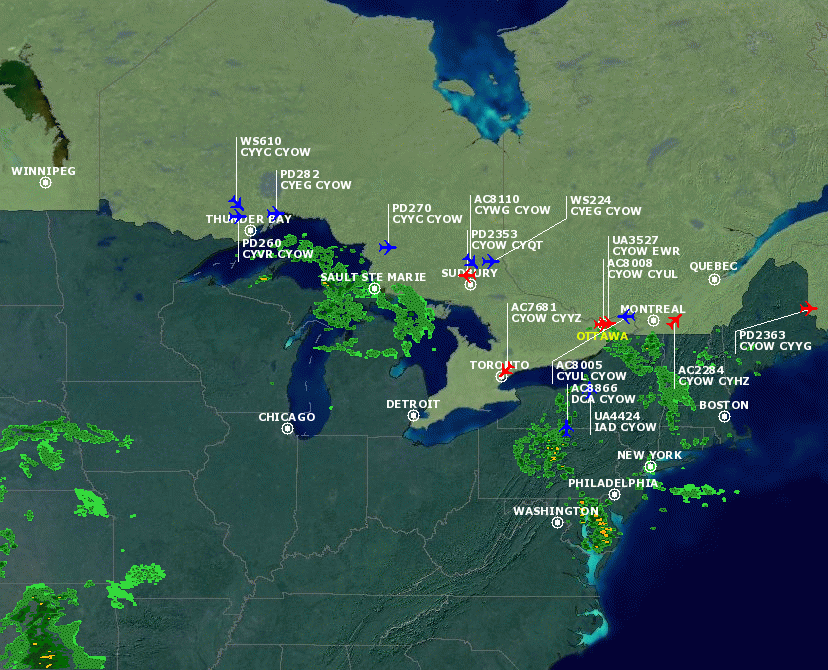 Map of Current Flight Traffic for YOW